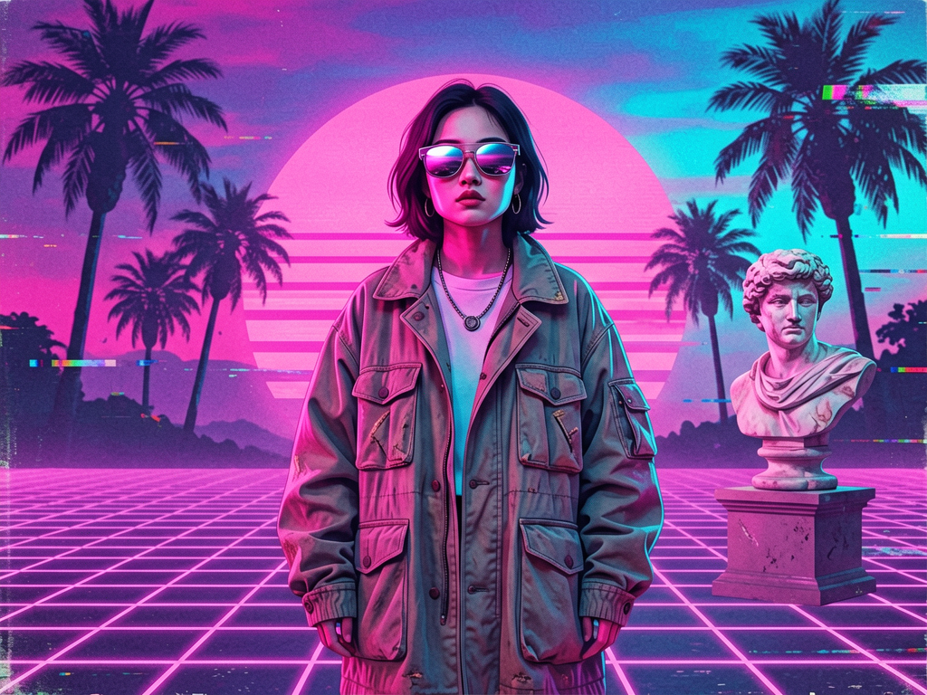 Vaporwave style — 80s retrofuturism VHS aesthetic