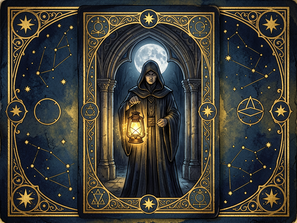 Dark fantasy tarot style — ornate gold filigree illustration